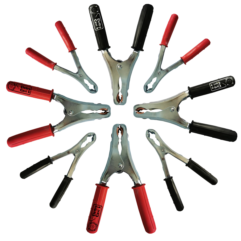 Pinze A Coccodrillo Professionali | 120A | Acciaio Zincato | 2 Rosse + 2 Nere | Per Batterie Auto/Moto